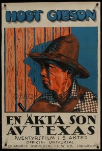6a133 TEXAS KID linen Swedish 1920 great close up art of cowboy Hoot Gibson with gun!