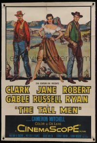 6a469 TALL MEN linen 1sh 1955 art of Clark Gable, sexy Jane Russell showing leg, Robert Ryan!
