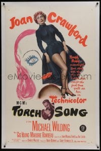 6a488 TORCH SONG linen 1sh 1953 unusual art of tough baby Joan Crawford, a wonderful love story!
