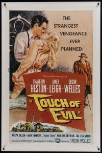 6a489 TOUCH OF EVIL linen 1sh 1958 Bob Tollen art of Orson Welles, Charlton Heston & Janet Leigh!