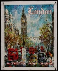 6a026 DELTA AIR LINES LONDON linen 22x28 travel poster 1970s great Jack Laycox art with Big Ben!