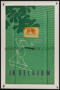 6a029 ON HOLIDAY IN BELGIUM linen 24x39 Belgian travel poster 1951 Capouillard art of green door!