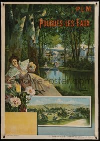 6a039 POUGUES-LES-EAUX linen 30x42 French travel poster 1900s F. Hugo D'Alesi art!