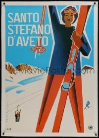 6a034 SANTO STEFANO D'AVETO linen 27x39 Italian travel poster 1950s Mario Puppo art of female skier!