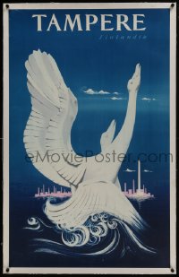 6a030 TAMPERE FINLANDIA linen 25x39 Finnish travel poster 1956 Turpo Timberg art of whooper swans!