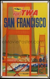 6a027 TWA SAN FRANCISCO linen 25x41 travel poster 1960s David Klein art of the Golden Gate Bridge!