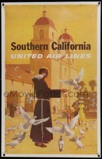 6a028 UNITED AIRLINES SOUTHERN CALIFORNIA linen 25x41 travel poster 1960s Galli art of friar & birds!