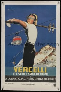 6a035 VERCELLI linen 25x38 Italian travel poster 1950s Alberto Campagnoli art of female skier!