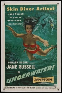 6a495 UNDERWATER linen 1sh 1955 Howard Hughes, sexiest artwork of skin diver Jane Russell!