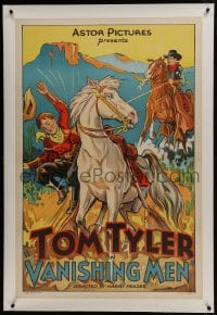 6a498 VANISHING MEN linen 1sh R1930s art of sheriff Tom Tyler on horseback lassoing bad guy!