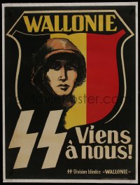 6a023 SS VIENS A NOUS linen 24x32 Belgian WWII war poster 1940s join Nazi SS in Occupied Belgium!