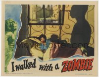 6b185 I WALKED WITH A ZOMBIE LC 1943 Lewton & Tourneur, Frances Dee in bed by Darby Jones' shadow!