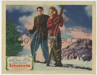 6b224 SPELLBOUND LC 1945 Alfred Hitchcock, close up of Ingrid Bergman & Gregory Peck skiing!