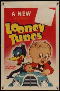 6b056 LOONEY TUNES 1sh 1940 Vitaphone, art of Porky Pig driving a car with Daffy Duck, ultra rare!