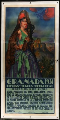6c056 GRANADA 1931 linen 37x77 Spanish festival poster 1931 Carazo art of beautiful woman over city!