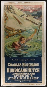 6c037 HURRICANE HUTCH linen chapter 6 3sh 1921 art of the thrill-a-minute stunt king rescuing girl!