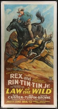 6c039 LAW OF THE WILD linen 3sh 1934 art of Rin Tin Tin Jr., Rex King of Wild Horses & Custer, rare!