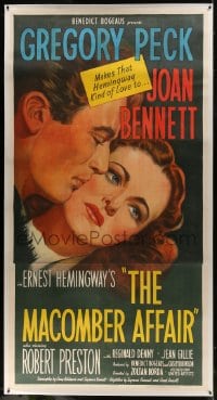 6c040 MACOMBER AFFAIR linen 3sh 1947 art of Gregory Peck & Joan Bennett, from Hemingway's story!