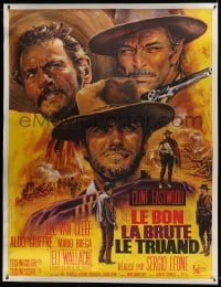 6c088 GOOD, THE BAD & THE UGLY linen French 1p R1970s Clint Eastwood, Van Cleef, Leone, Jean Mascii art!