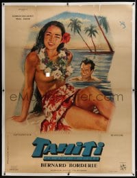 6c097 TAHITI linen French 1p 1957 Rinaldo Geleng art of sexy topless South Seas beauty on beach!