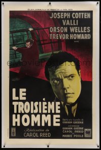 6c110 THIRD MAN linen French 31x48 R1950s art of Orson Welles c/u & in sewer, classic film noir!