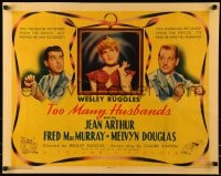 6c121 TOO MANY HUSBANDS style A 1/2sh 1940 Jean Arthur between Fred MacMurray & Melvyn Douglas!