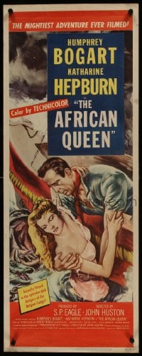 6c206 AFRICAN QUEEN insert 1952 wonderful artwork of Humphrey Bogart rescuing Katharine Hepburn!