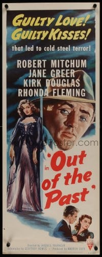 6c218 OUT OF THE PAST insert R1953 art of Robert Mitchum & Jane Greer with Kirk Douglas added!
