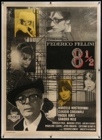 6c069 8 1/2 linen Italian 1p 1963 Federico Fellini, Mastroianni, Cardinale, Aimee, ultra rare!