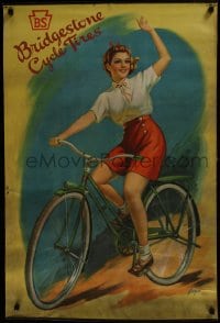 6c296 BRIDGESTONE 24x36 Japanese advertising poster 1949 Suga art of pretty woman on bicycle, rare!
