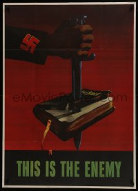 6c267 THIS IS THE ENEMY 29x40 WWII war poster 1943 classic swastika/bayonet/Bible art by Marks!