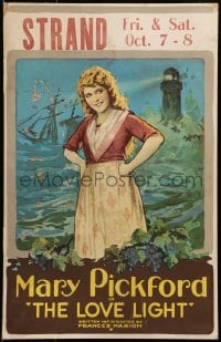 6c179 LOVE LIGHT WC 1921 art of Mary Pickford in front of lightouse, ship & crashing waves, rare!