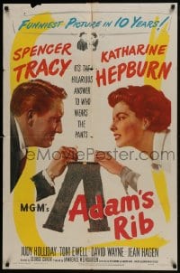 6f024 ADAM'S RIB 1sh 1949 Spencer Tracy & Katharine Hepburn fight over who wears the pants!