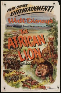6f028 AFRICAN LION 1sh 1955 Walt Disney jungle safari documentary, cool animal artwork!