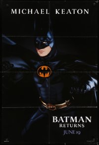 6f076 BATMAN RETURNS teaser 1sh 1992 Burton, Michael Keaton as caped crusader, cool dated design!