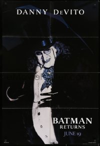 6f074 BATMAN RETURNS teaser 1sh 1992 Burton, close-up of Danny DeVito as the Penguin, dated design!