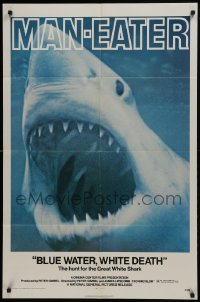 6f116 BLUE WATER, WHITE DEATH 1sh 1971 cool super close image of great white shark with open mouth!