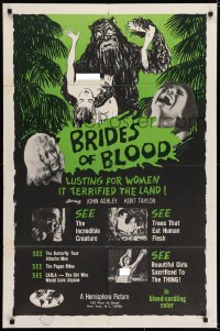 6f131 BRIDES OF BLOOD 1sh 1968 wacky art of monster with dismembered girl & a naked native too!