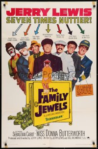 6f269 FAMILY JEWELS 1sh 1965 Jerry Lewis is seven times nuttier in seven roles, wacky art!