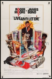 6f497 LIVE & LET DIE 1sh 1973 McGinnis art of Moore as Bond & sexy girls on tarot cards!