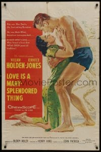 6f516 LOVE IS A MANY-SPLENDORED THING 1sh 1955 art of William Holden holding sexy Jennifer Jones!