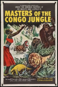 6f553 MASTERS OF THE CONGO JUNGLE style B 1sh 1960 art of native, pangolin, guerillas, hippo & lion!