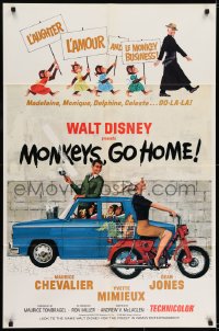 6f576 MONKEYS GO HOME 1sh 1967 Disney, art of Maurice Chevalier, Yvette Mimieux & apes!