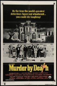 6f588 MURDER BY DEATH 1sh 1976 great Charles Addams art of cast by dead body, yellow title design!