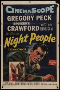 6f627 NIGHT PEOPLE 1sh 1954 great close up of military soldier Gregory Peck in uniform!