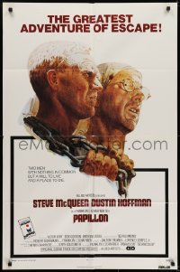 6f659 PAPILLON 1sh 1973 prisoners Steve McQueen & Dustin Hoffman by Tom Jung, Allied Artists!
