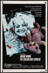 6f842 SUGARLAND EXPRESS 1sh 1974 Steven Spielberg, photo of Goldie Hawn under gun, teddy bear!