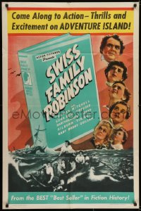 6f856 SWISS FAMILY ROBINSON 1sh R1946 great art of children riding ostrich & turtle out of book!