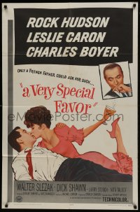6f935 VERY SPECIAL FAVOR 1sh 1965 Rock Hudson kisses sexy Leslie Caron, Charles Boyer!