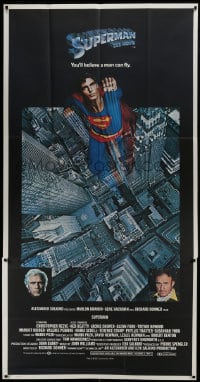 6g049 SUPERMAN 3sh 1978 hero Christopher Reeve flying from Metropolis, Gene Hackman, Marlon Brando